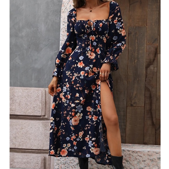 Boho Floral Print Puff Sleeve Split Thigh Cottagecore Dress - Picture 11 of 14